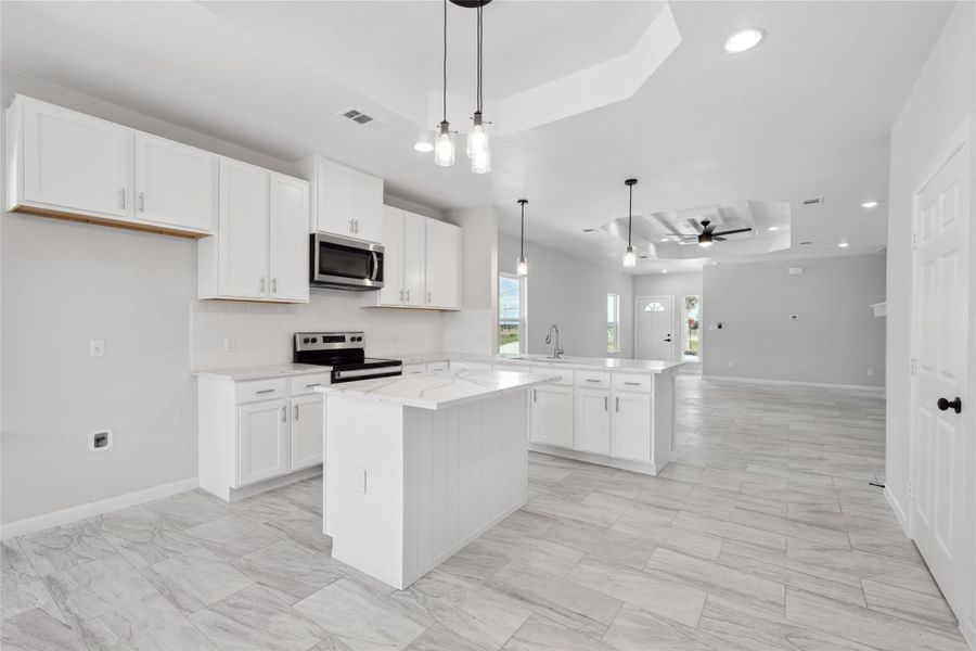 Kitchen featuring a raised ceiling, stainless steel appliances, a peninsula, open floor plan, and white cabinetry Kitchen featuring a raised ceiling, stainless steel appliances, a peninsula, open floor plan, and white cabinetry