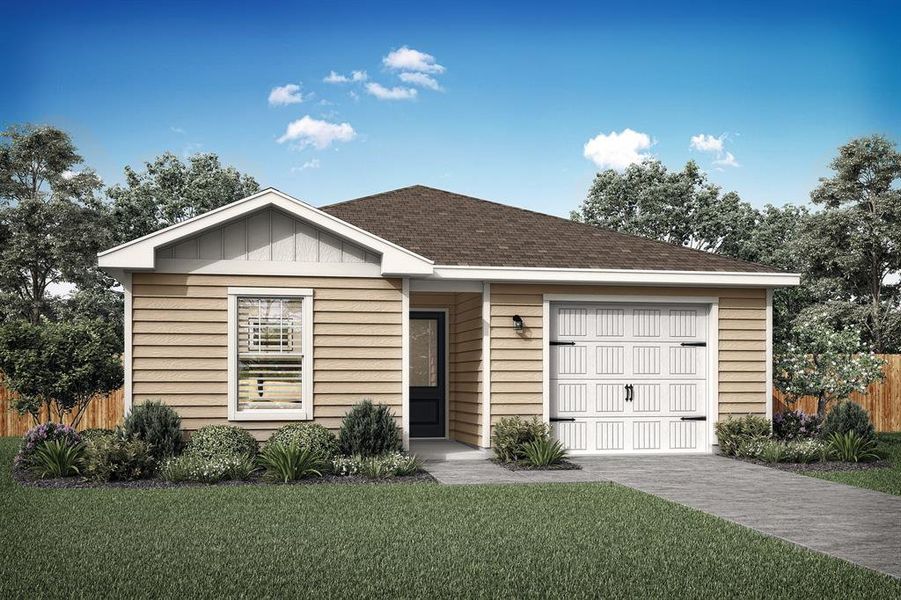 Single story home featuring a garage and a front yard