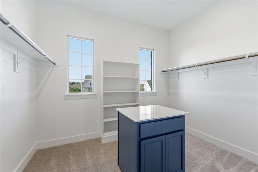 Walk in closet with light carpet