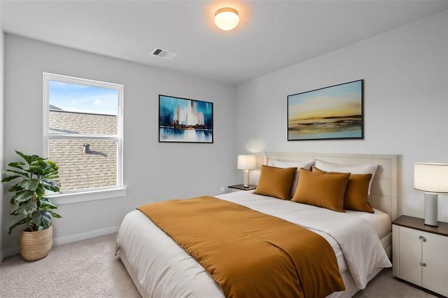 Secondary bedroom features plush carpet, custom paint, high ceilings, and large window with privacy blinds.