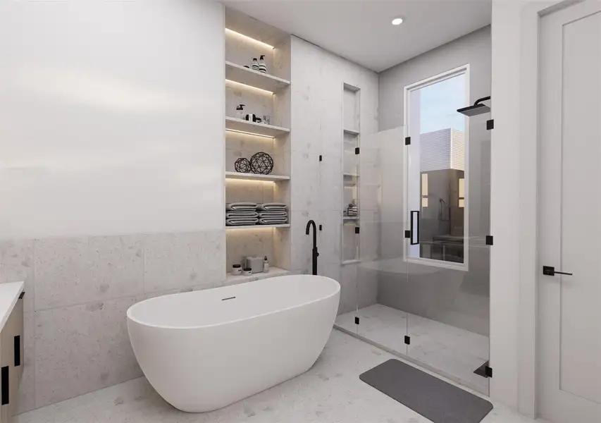 Statement soaking tub with frameless glass shower and built-in floating shelving with ambient lighting.