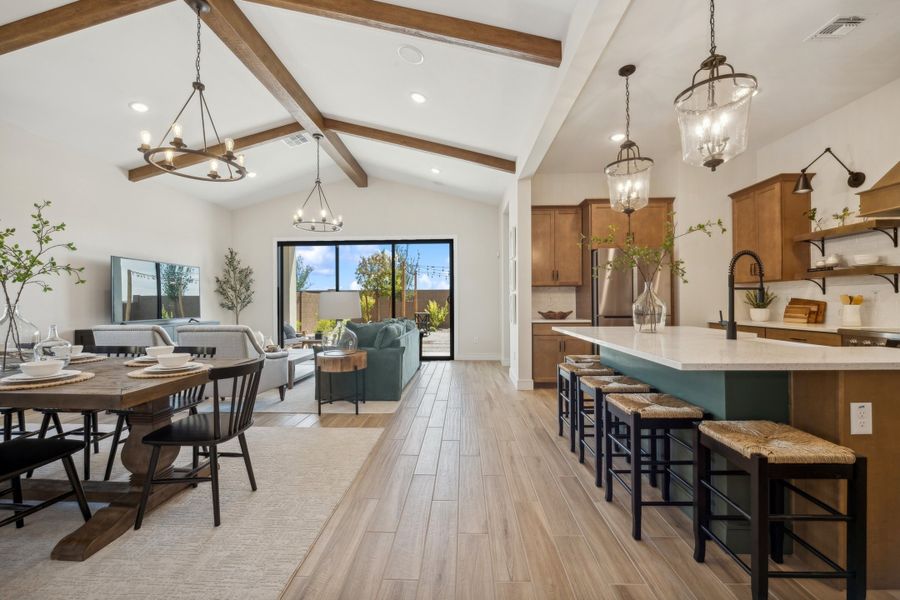 Great room and kitchen with vaulted ceilings