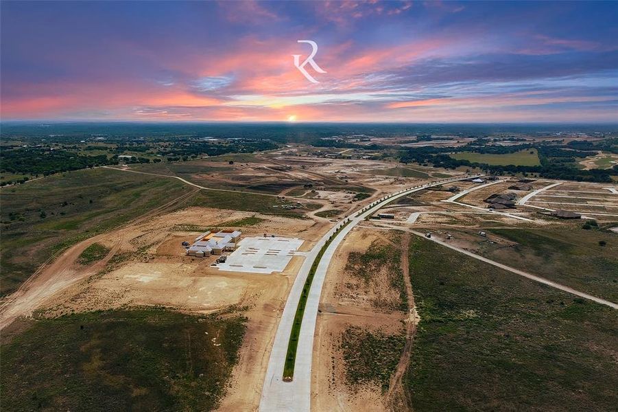Aerial view at dusk of a rural view