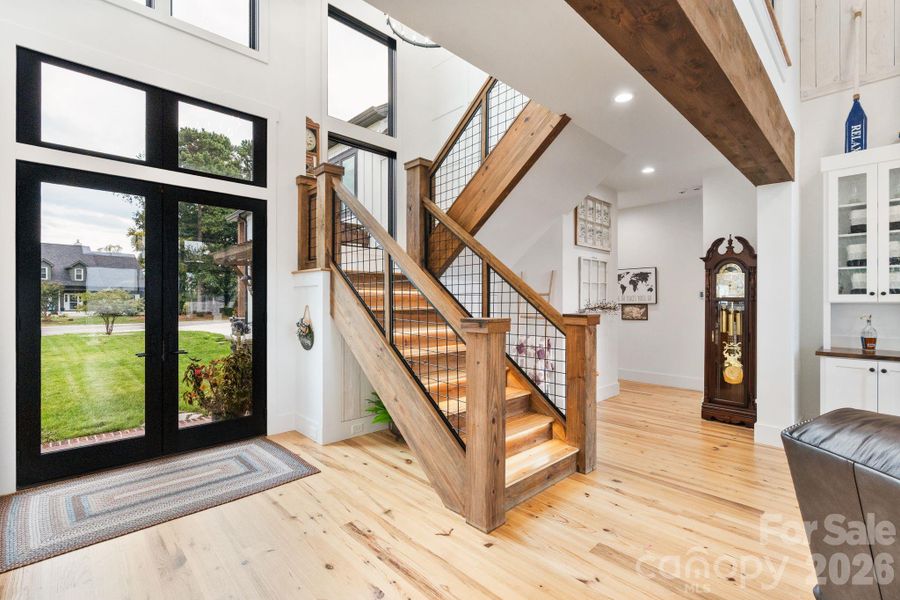 Metal railing with wood staircase add modern farmhouse detail Metal railing with wood staircase add modern farmhouse detail