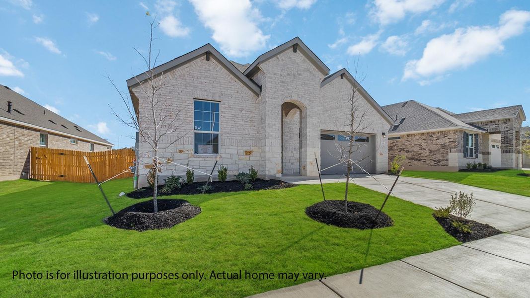 Front exterior of a new home in Rosenbusch Ranch, Leander, TX, highlighting curb appeal (Image 16). Front exterior of a new home in Rosenbusch Ranch, Leander, TX, highlighting curb appeal (Image 16).