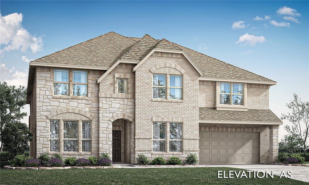 Two-story brick home with arched entry, tan roof, and two-car garage Two-story brick home with arched entry, tan roof, and two-car garage