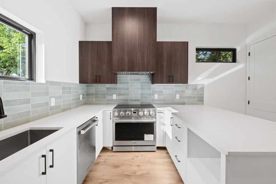 Modern design continues into kitchen