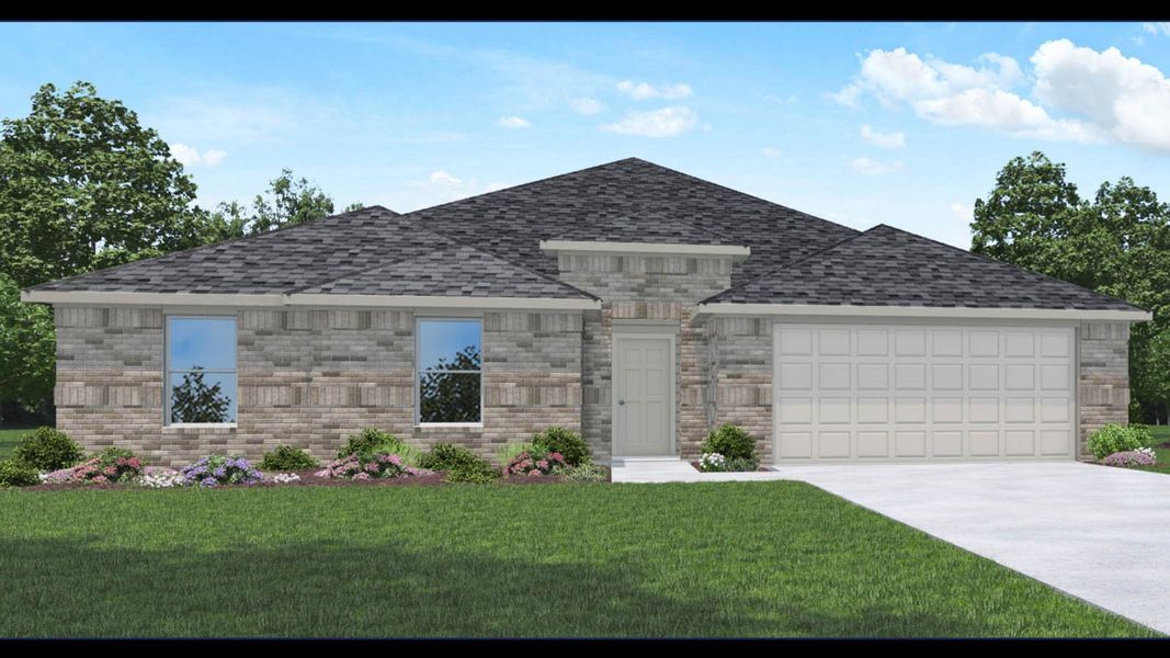 Front exterior of a new home in Williams Reserve East, Conroe, TX, highlighting curb appeal (Image 1). Front exterior of a new home in Williams Reserve East, Conroe, TX, highlighting curb appeal (Image 1).