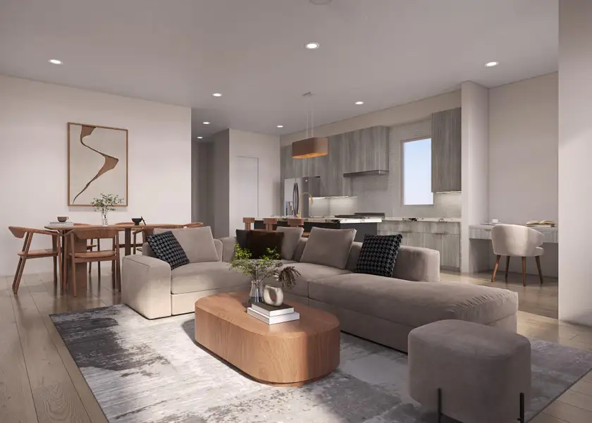 Living room with light wood-type flooring and recessed lighting