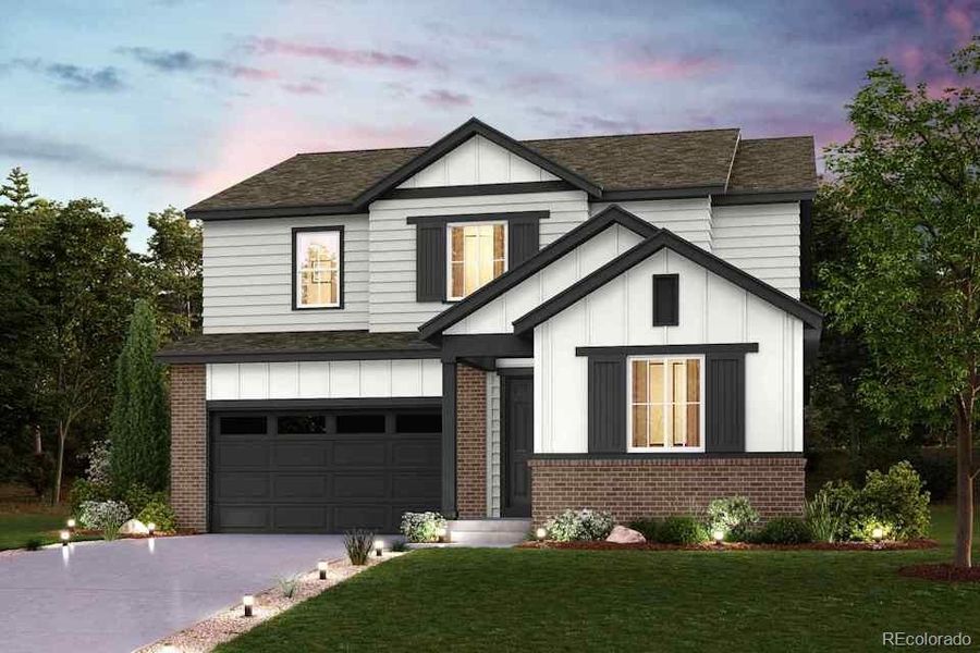 Front exterior of a new home in Floret Collection at Alder Creek, Parker, CO, highlighting curb appeal (Image 1).