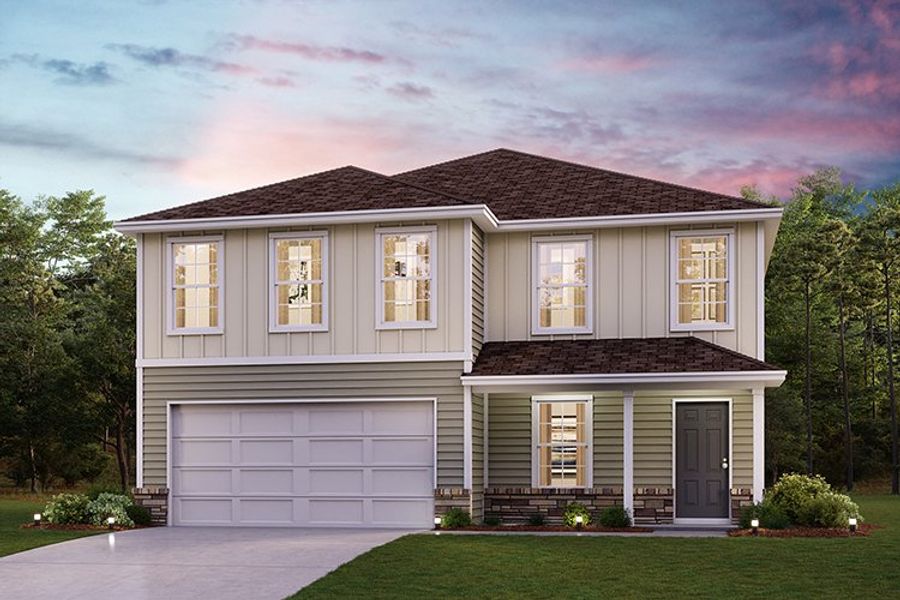 Front exterior of a new home in The Ridge at Twin Rivers, Covington, GA, highlighting curb appeal (Image 1). Front exterior of a new home in The Ridge at Twin Rivers, Covington, GA, highlighting curb appeal (Image 1).