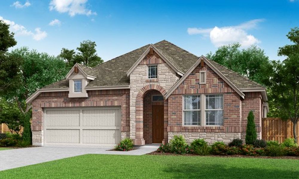 Front exterior of a new home in The Reserve at Spiritas Ranch, Little Elm, TX, highlighting curb appeal (Image 1). Front exterior of a new home in The Reserve at Spiritas Ranch, Little Elm, TX, highlighting curb appeal (Image 1).