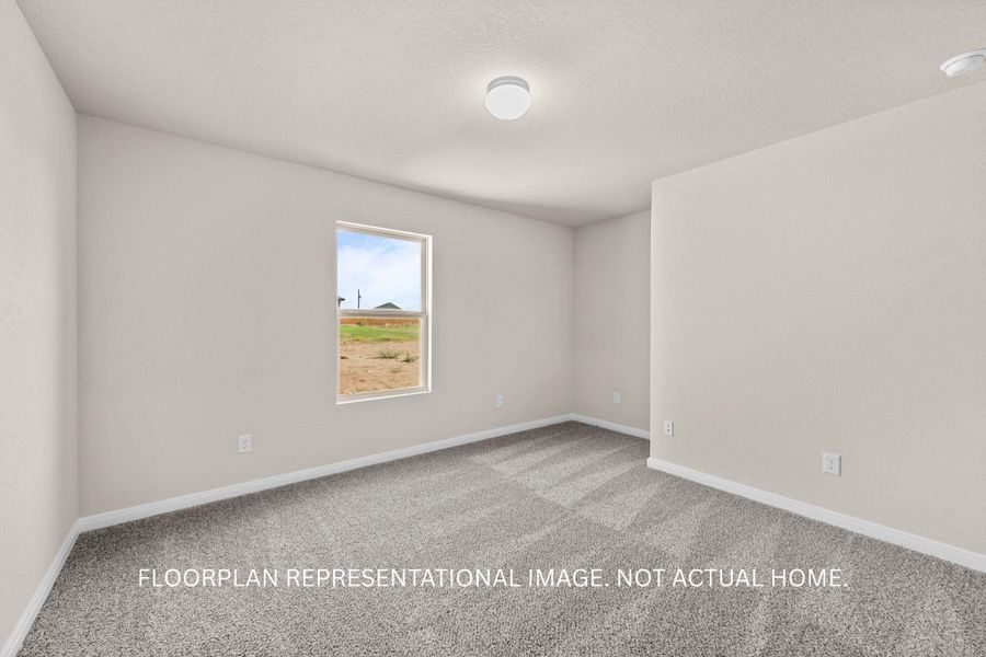 A well-lit, open room features soft carpet flooring and a single window offering a distant view.
