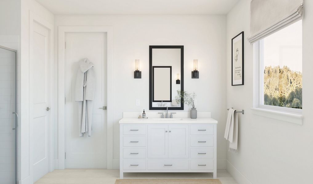 Primary bath with spacious vanity featuring chrome fixtures