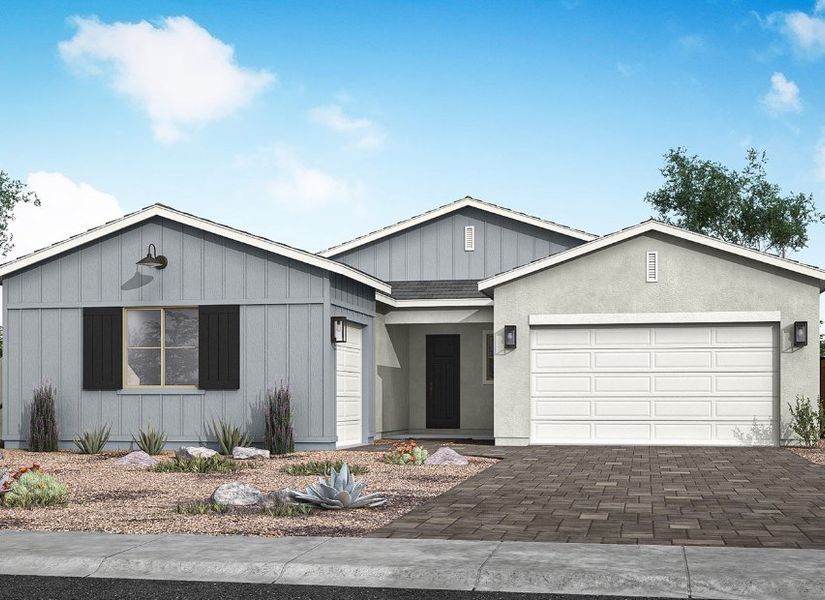 Front exterior of a new home in Bella Vista Farms, San Tan Valley, AZ, highlighting curb appeal (Image 16). Front exterior of a new home in Bella Vista Farms, San Tan Valley, AZ, highlighting curb appeal (Image 16).