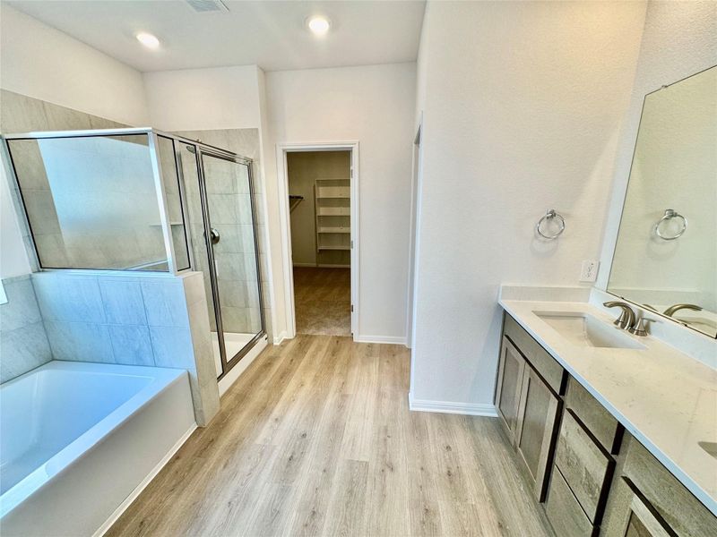 Bathroom featuring a shower stall, a spacious closet, a garden tub, double vanity, and light wood-style flooring