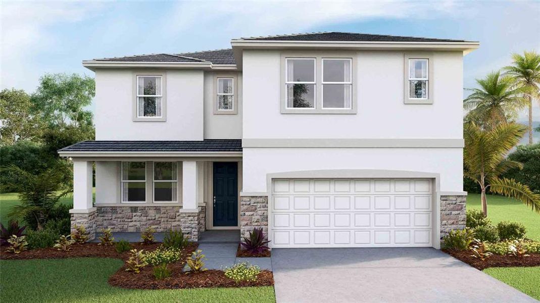 Front exterior of a new home in Angeline, Land O' Lakes, FL, highlighting curb appeal (Image 1). Front exterior of a new home in Angeline, Land O' Lakes, FL, highlighting curb appeal (Image 1).