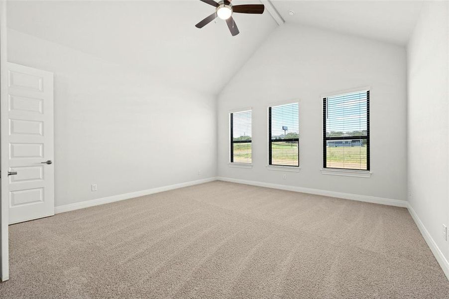 Large master suite with 15' tall vaulted ceiling.