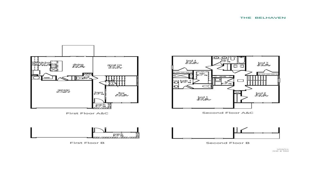 2D floor plan layout for the Belhaven by D.R. Horton in Fernhill Farms, Statesboro, GA (Image 3).