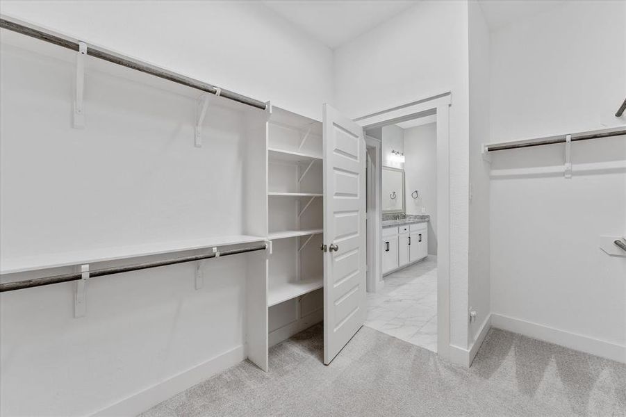 This is a spacious, empty walk-in closet with multiple white wire shelves and hanging rods, offering ample storage space and organization potential. The flooring is carpeted, and the room is well lit.