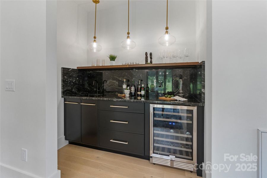 Wet Bar with Custom Walnut Shelving, Sink & Wine Fridge Wet Bar with Custom Walnut Shelving, Sink & Wine Fridge