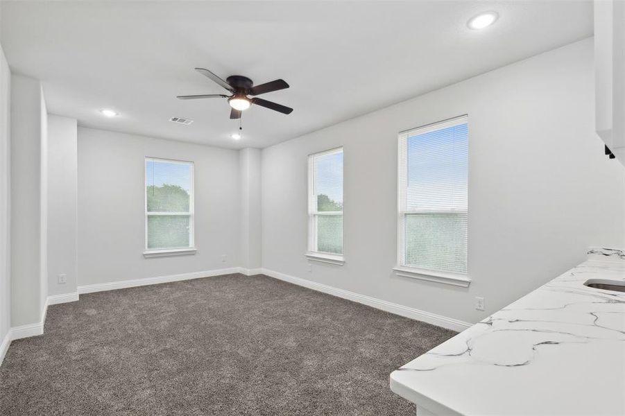 Carpeted spare room featuring a healthy amount of sunlight and ceiling fan