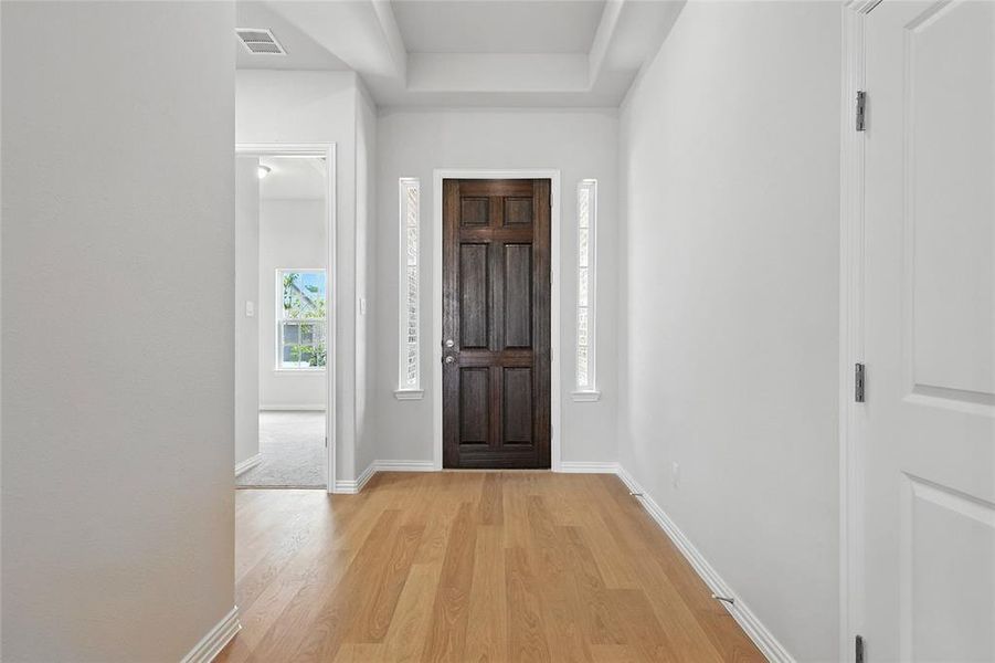 Foyer entrance featuring light wood finished floors and a tray ceiling