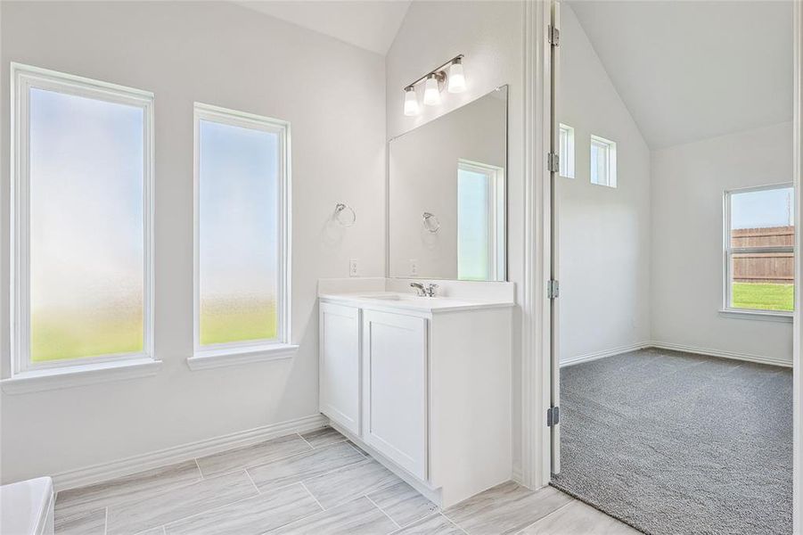 Bathroom featuring lofted ceiling and vanity