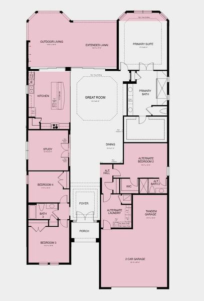 Floor Plan - Additional Highlights Include: Gourmet kitchen, study in place of flex, bay window at primary suite, extended covered lanai, fourth bedroom, tandem garage, tray ceiling package, 8' interior doors, and whole house blinds Floor Plan - Additional Highlights Include: Gourmet kitchen, study in place of flex, bay window at primary suite, extended covered lanai, fourth bedroom, tandem garage, tray ceiling package, 8' interior doors, and whole house blinds