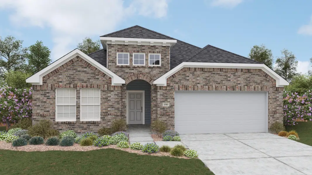 Front exterior of a new home in Opal Ranch, Kyle, TX, highlighting curb appeal (Image 1). Front exterior of a new home in Opal Ranch, Kyle, TX, highlighting curb appeal (Image 1).
