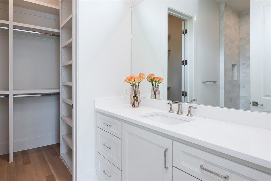 Bathroom with hardwood / wood-style floors and vanity