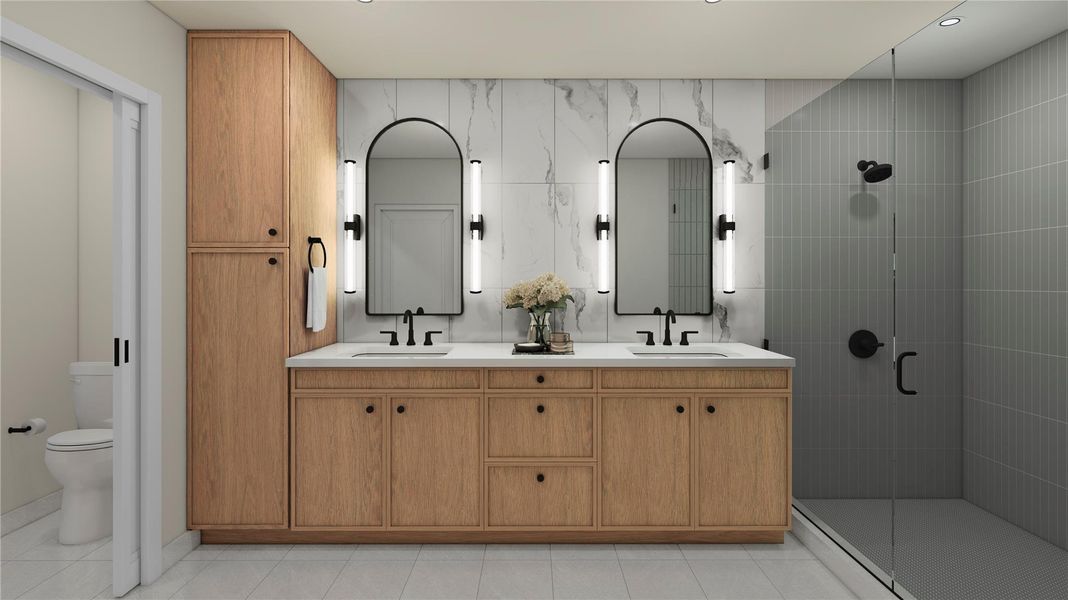 Full bathroom with tile walls, double vanity, a stall shower, and light tile patterned flooring