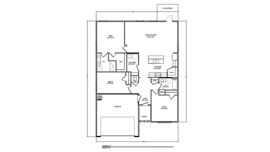 2D floor plan layout for the Lismore by D.R. Horton in Owl's Head Farms, Freeport, FL (Image 4).
