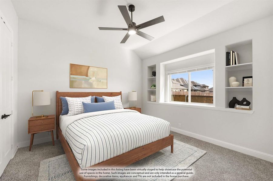 Bedroom with vaulted ceiling, ceiling fan, built-in shelves, and wood-frame bed on carpet flooring Bedroom with vaulted ceiling, ceiling fan, built-in shelves, and wood-frame bed on carpet flooring