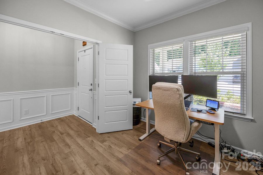 Office faces the front of the house, and it's to your left as you enter from the front door.