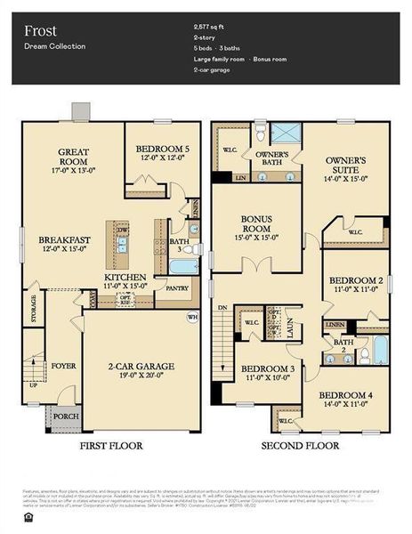 Frost floor plan with 5 bedrooms and 3 full bathrooms.