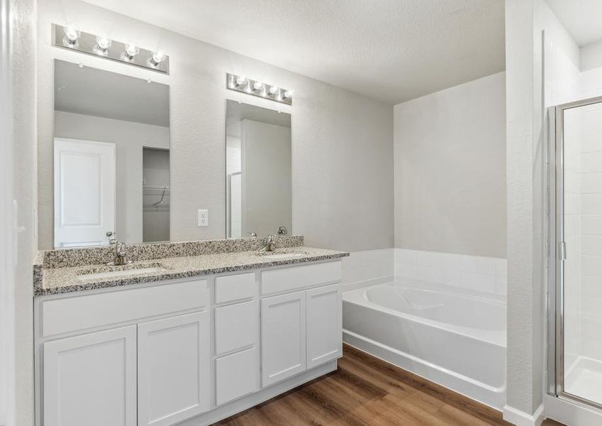 The master bathroom has a garden tub and walk-in, glass shower.