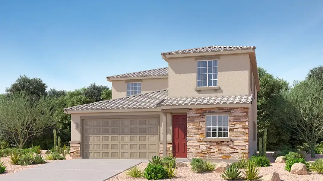 Front exterior of a new home in Monarch, Marana, AZ, highlighting curb appeal (Image 1). Front exterior of a new home in Monarch, Marana, AZ, highlighting curb appeal (Image 1).