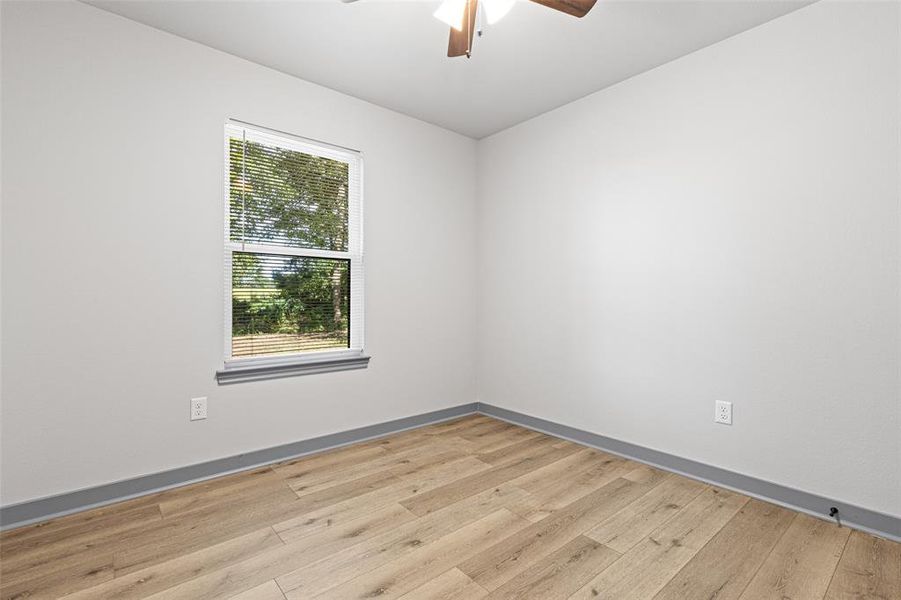 Unfurnished room featuring light wood-type flooring and ceiling fan Unfurnished room featuring light wood-type flooring and ceiling fan