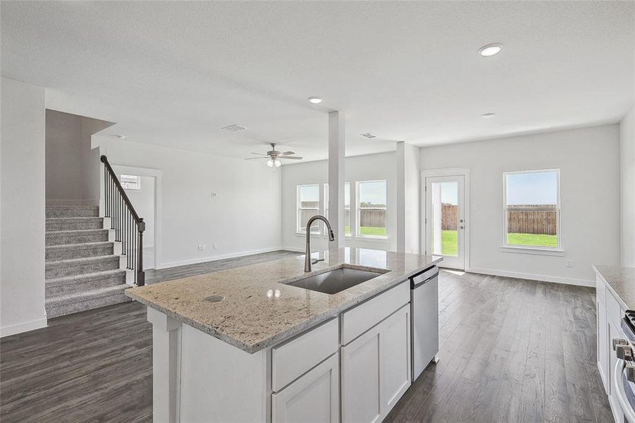 Kitchen featuring sink, stainless steel dishwasher, dark hardwood / wood-style floors, and ceiling fan