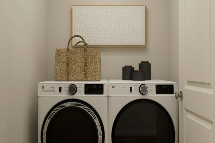 A basket on a dryer next to a dryer and a dryer.