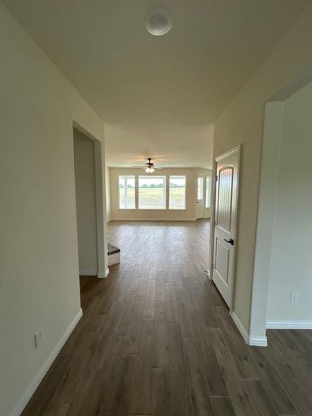 Foyer featuring wood-finish flooring, white trim, and a paneled interior door with matte black hardware