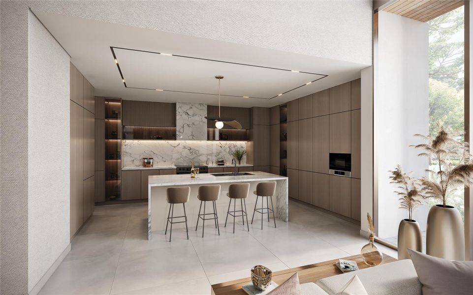 Rendering of a chefs kitchen equipped with state-of-the-art appliances, custom cabinetry and luxury countertops making it the heart of the home