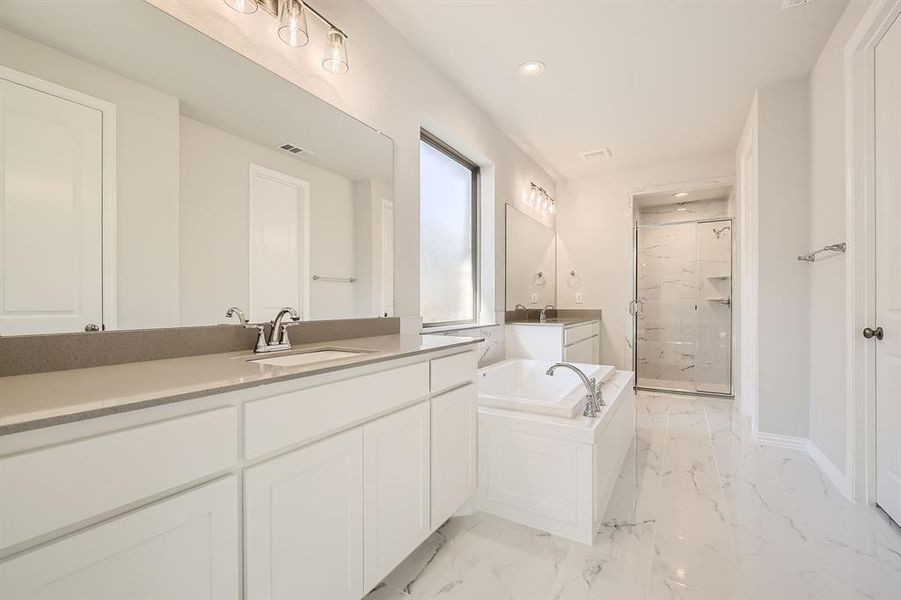 Bathroom with vanity and independent shower and bath