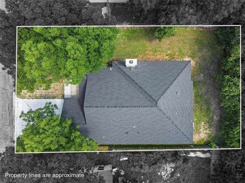 Overhead property view featuring a dark shingle roof, chimney, and surrounding trees Overhead property view featuring a dark shingle roof, chimney, and surrounding trees