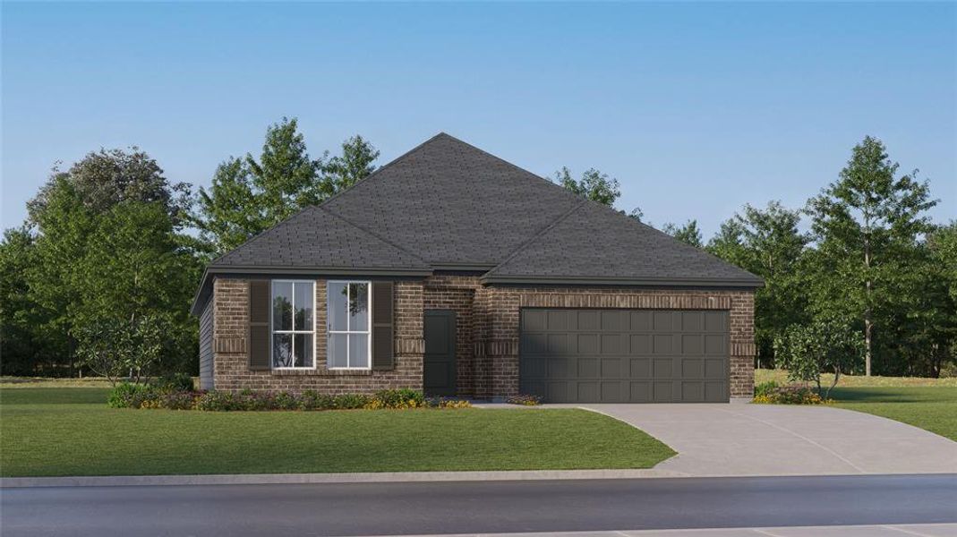 View of front of house featuring a garage and a front yard