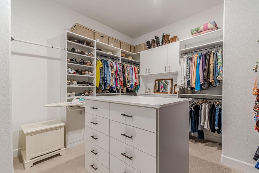 Walk in closet featuring light colored carpet