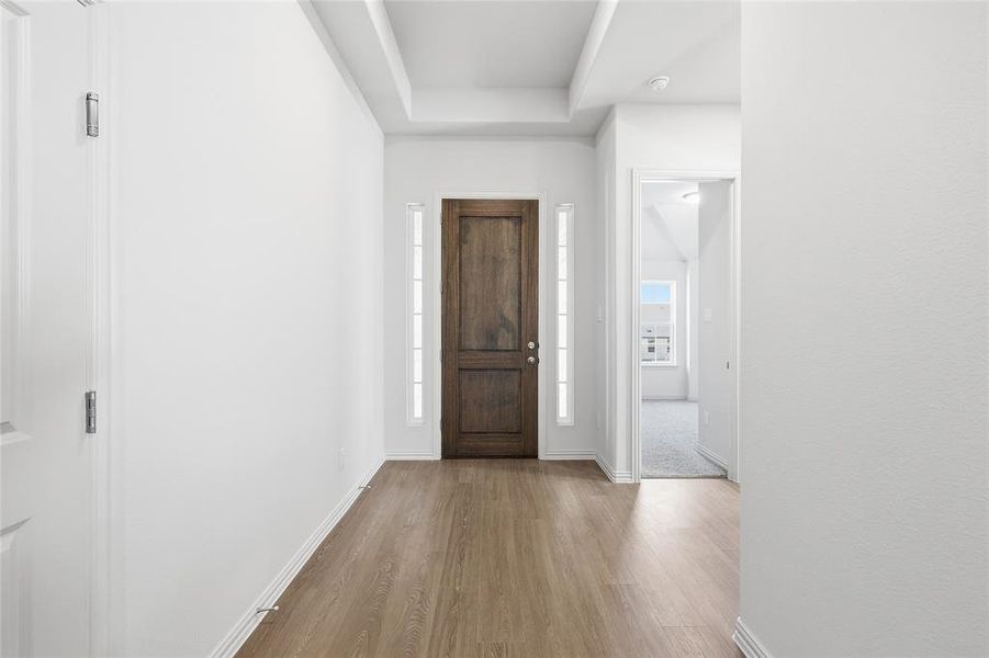 Foyer with wood finished floors and a raised ceiling
