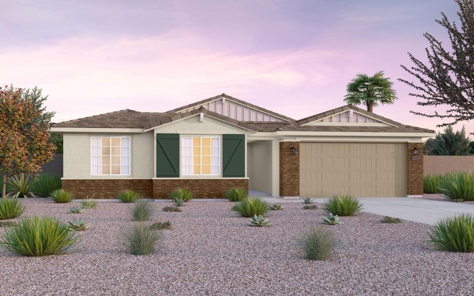 Representative exterior photo of a completed home built from the Solstice by Brookfield Residential in Mariposa at Blossom Rock, Apache Junction, AZ (Image 2).