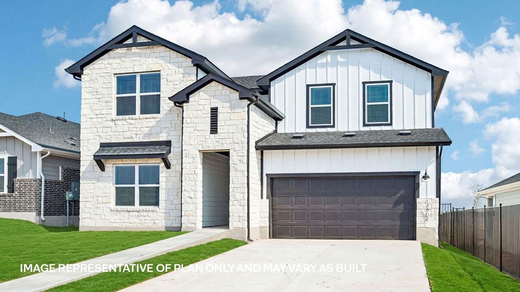 Representative exterior photo of a completed home built from the The Ozark by D.R. Horton in Revelry, Del Valle, TX (Image 2). Representative exterior photo of a completed home built from the The Ozark by D.R. Horton in Revelry, Del Valle, TX (Image 2).